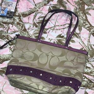Coach Tan Signature Tote with Purple Trim and Studs